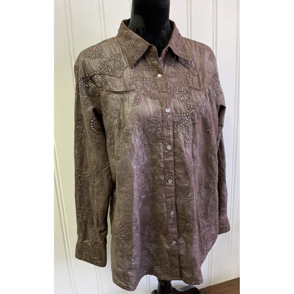 Vintage Wrangler Women Pearl Snap Button Up Shirt Brown Stitched Floral Size XXL - Picture 2 of 15